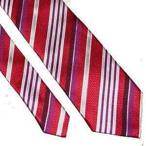 NWT Daniel de Fasson Studio 58" SILK TIE, Red Silver Stripe, w/Bonus Tie Clip